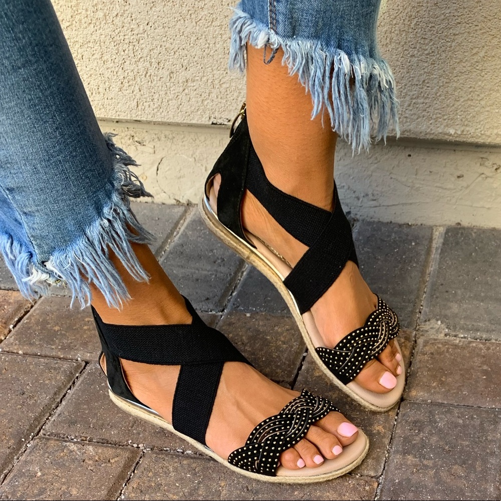 Black Elasticize Straps Studs Vamp Espadrille Flat - Picture 4 of 6
